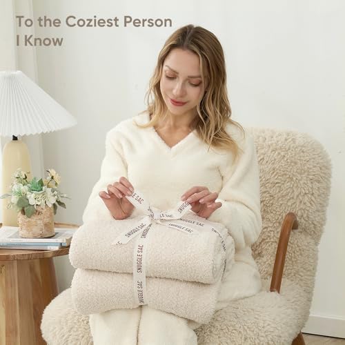 Snuggle Sac Buttery Ivory Throw Blanket for Couch, Reversible Super Soft Knitted Blankets, Warm Cozy Knit Fuzzy Plush Lightweight Throws Dupes for Sofa, Bed, Picnic, Ivory, 50 x 60 inches - color: Heather Ivory, size: Throw(50"x60")