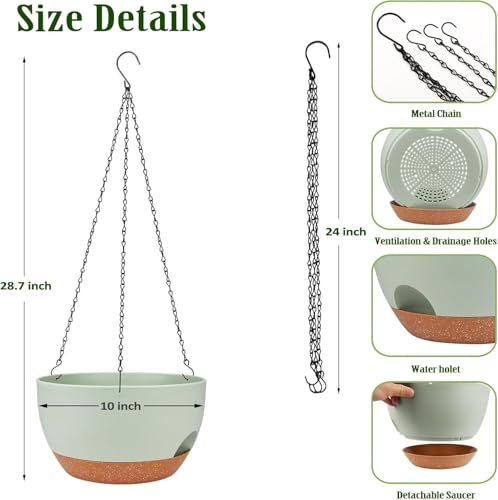 Hanging Planters for Outdoor Indoor Plants, 2 Pack 10 Inch Hanging Basket Plants Outdoor, Self Watering Hanging Planter with Plant Hanger for Garden Home Decoration (Green, 10 inch) - color: Green, size: 10 inch