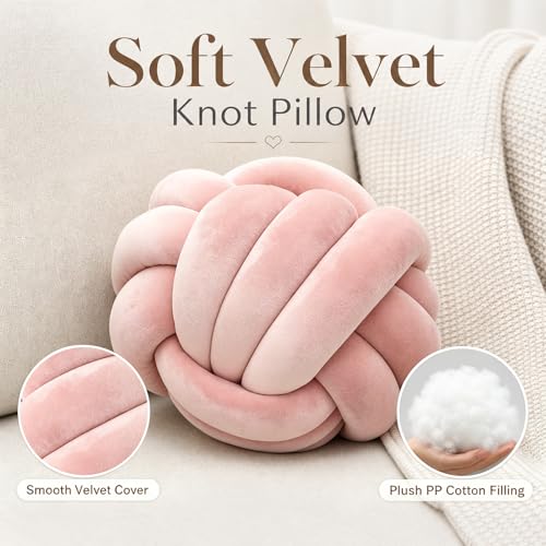 Petrella Knot Pillow, 8 Inch Pink Round Velvet Throw Pillow Ball Cushion, Machine Washable Soft Decorative Accent Pillow for Couch, Sofa, Bed, Home Decor - color: A1-pink, size: 8inch