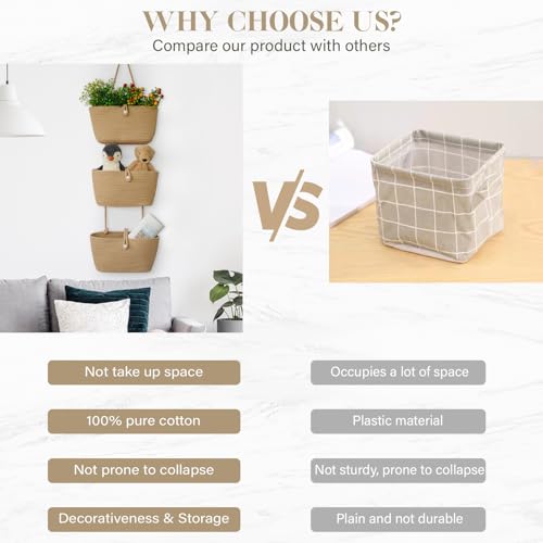 TeoKJ 3-Tier Hanging Baskets for Storage with Pearl Button Strap, Cotton Rope Over the Door Organizer, Wall-Mounted with Hook Decorative Hanging Nursery Baskets, Jute - color: Jute, style: 3 tier+Pearl Button