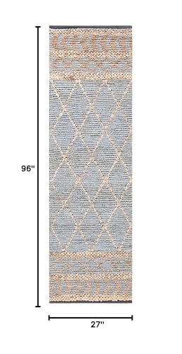 SAFAVIEH Natural Fiber Collection Runner Rug - 2'3" x 8', Natural & Blue, Handmade Boho Moroccan Trellis Jute, Ideal for High Traffic Areas in Living Room, Bedroom (NF955N) - size: 2'3" x 8' (Runner)
