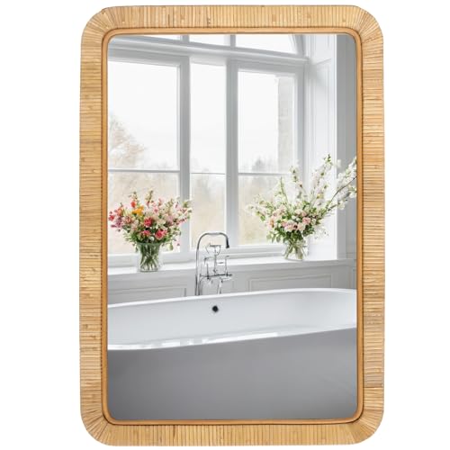 FUIN 20" x 30" Rattan Wicker Rectangle Wall Mounted Bathroom Mirror for Coastal Boho Nursery Decor, Natural - color: Rattan, size: 30"L x 20"W
