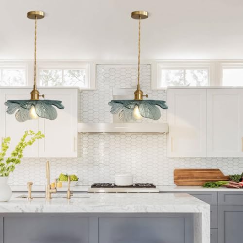 Hardwire Petal Glass Pendant Light Kitchen Island, Brass Chandelier | Hanging Light, Sculptural Art Glass, Unique, Vintage, Gold, Adjustable, Mid Century, Modern,Dining Room,Bedroom, High Ceiling - color: Dark Green, Hardwired, size: Hardwired