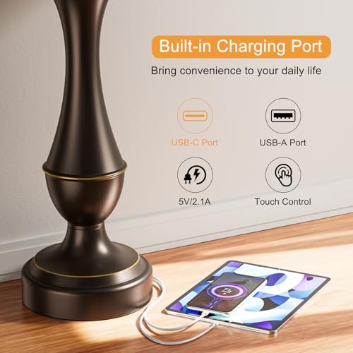 Seealle Upgraded Touch Lamps for Night Stands Set of 2 - Bedside Lamps with USB C+A, 3 Way Dimmable for Bedroom Living Room End Tables Office (Tall Oat&Brown) - color: D. Oat Shade & Brown Base, size: Tall（26 In）