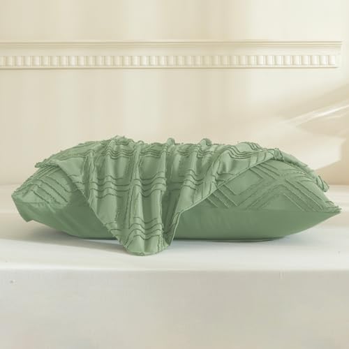 JELLYMONI Pillowcases King Size Light Green 2 Pack Boho Plaid Bed Pillow Covers 20x36in Polyester Envelope Pillow Shams Tufted Bohemian Textured (Pillows are not Included) - color: 02 - Light Green - Grid, size: 36" x 20" (Pack of 2)