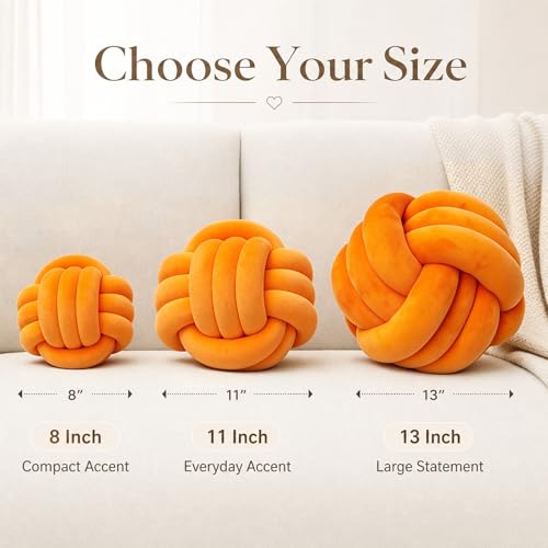 Petrella Knot Pillow, 11 Inch Orange Round Velvet Throw Pillow Ball Cushion, Machine Washable Soft Decorative Accent Pillow for Couch, Sofa, Bed, Home Decor - color: A1-orange, size: 11inch