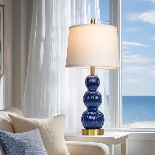 28" Navy Blue Table Lamps Set of 2 for Living Room, Modern Ceramic Bedside Lamps for Bedroom, Ribbed Gourd Table Lamps for Nightstand (2 LED Bulbs Included) - color: Navy Blue - 28"H