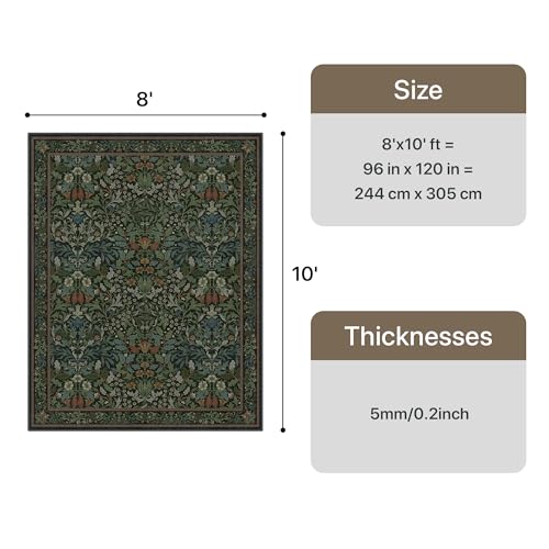Bavni Floral Dark Green Area Rugs 8x10, Vintage Boho Carpet Machine Washable, Non Slip Soft Low Pile Thin Rug for Bedroom, Living Room, Dining Room, Nursery - color: Dark Green, size: 8' x 10' (Rectangular)