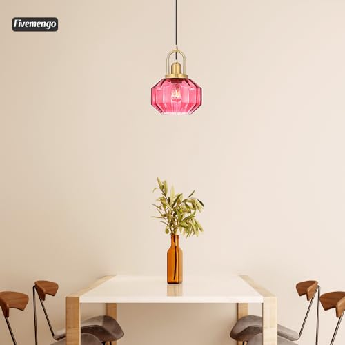 9in Mid Century Modern Pendant Light, Gold Small Wine Red Glass | Vintage Lighting Fixture Ceiling Hanging Lamp for Kitchen Island Foyer Dining Room Bedroom Entryway Hallway Over Sink Table - color: Wine Red & Gold Hardwire, size: 9in