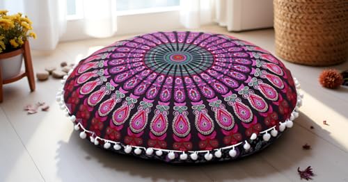 Round Mandala Floor Pillow Cover Seating Cushion Throw Cover Hippie Decorative Bohemian Ottoman Pouf Cover, Pom Pom Pillow Cases,Boho Indian 22 Inches (Pink and White) - color: Pink and White