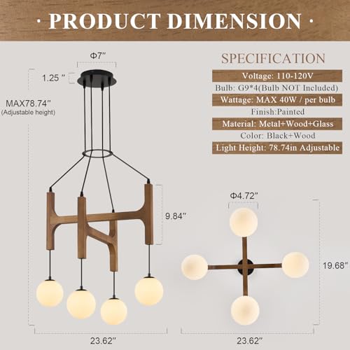 Farmhouse Wooden L24'' Chandelier Rustic Oak Wood Pendant Lights Mid Century 4-Light Milk Glass Globe Pendant Chandelier for Dining Room Kitchen Foyer Entryway Bedroom, G9 - color: Golden Oak, size: L24 inches