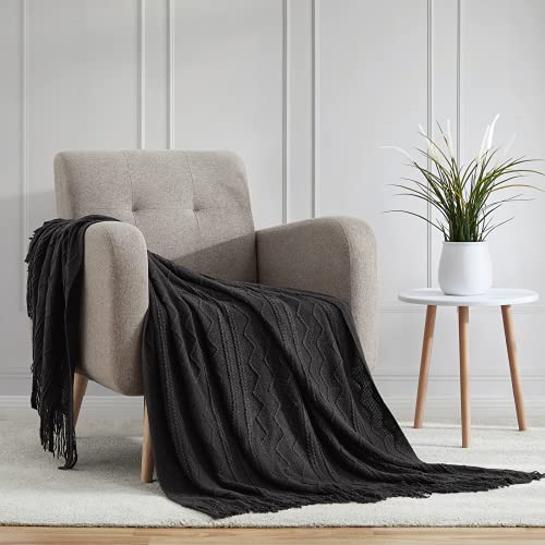 BOURINA Black Throw Blanket 50x60 Inches Throw Textured Solid Soft Sofa Couch Decorative Knit Blanket - color: Black, size: 50"x60"
