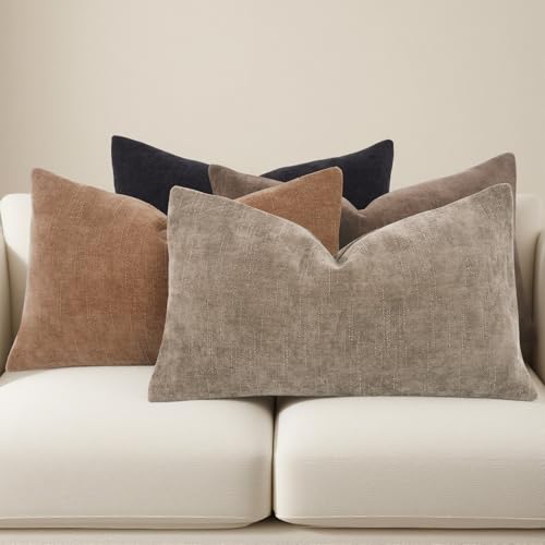 Farmhouse Decor Throw Pillow Covers 12x20 Inch Set of 4, Solid Textured Cushion Covers for Couch, Sofa, Bed – Taupe Grey, Light Brown, Brown, Black - color: Neutral Brown/Black, size: 20" x 12" (Pack of 4)