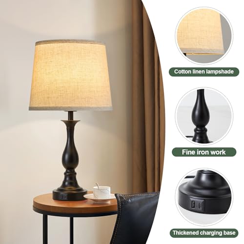 Bedside Table Lamp Touch Control Bedroom Lamps with USB A + C Charging Port 3 Way Dimmable Touch Lamps for Nightstand Living Room Bedroom Dorm Home Office Reading, Set of 2 (Beige Shade & Black Base) - color: Beige Shade & Black Base