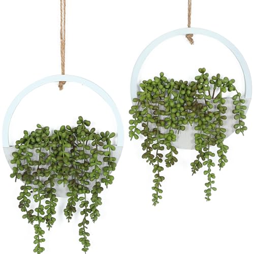 Artificial Hanging Plants Hanging Planter Fake Succulents Artificial String of Pearls with Pot and Lanyard for Home Office Wall Decoration - color: Green, size: 2 Pcs