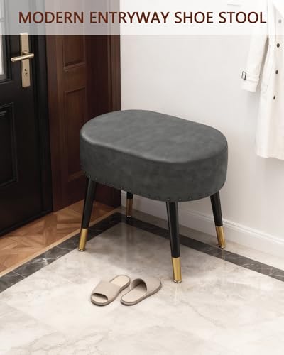 LITZFUR Vanity Stool Chair for Makeup, Pu Leather Oval Footrest, Vintage Rivet Ottoman Bench with Metal Legs, Dressing Stool for Batheroom, Living Room, Entryway, Grey - color: Grey