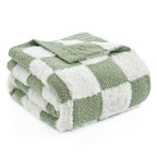 Snuggle Sac Sage Green Checkered Throw Blanket Faux Fur Knitted with Microfiber Yarn, Cozy Soft Warm Spring Blankets for Couch,Sofa,Bedroom,Sage Green Checker,50x60 inches - color: Green White, size: Throw(50"x60")