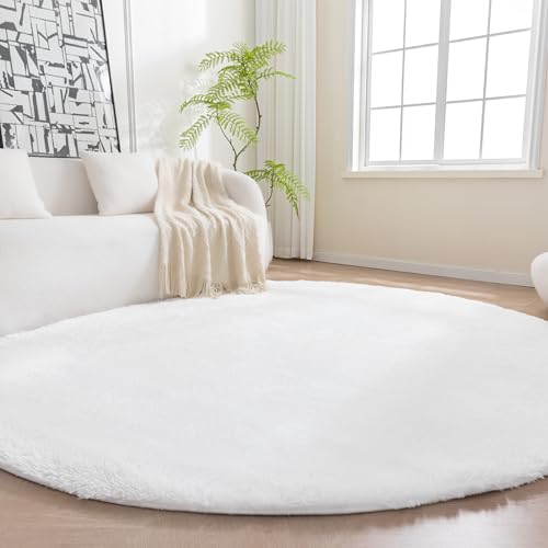 Amazon Basics Fluffy Washable Round Area Rug, Circle Shaggy Carpet for Living Room, Bedroom, Nursery, 5'R, Cream - color: Cream, size: 5' (Round)