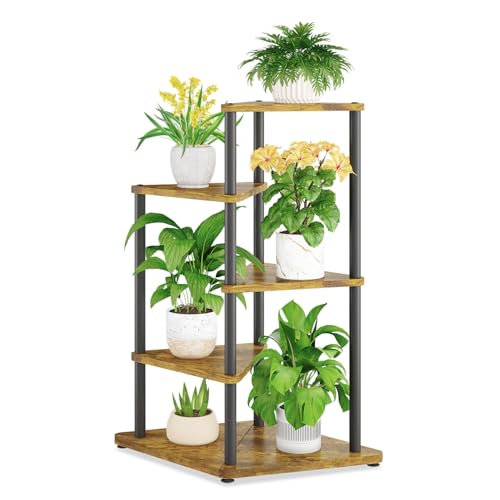 iDavosic.ly Tall Plant Stand Indoor for Large & Heavy Duty Planters, 4 Tier Corner Flower Shelf with Wooden Trays & Metal Frame, 33 Inch Orchid Rack for Living Room Balcony Porch, Black & Brown - size: 4 Tier without Light