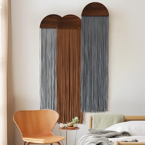 Macrame Wall Hanging 3Pcs Boho Wall Decor Handmade Macrame Art Fringe Design Wedding Macrame Backdrop Headboard Wall Decor 10" W x 40" L - color: Grey and Brown