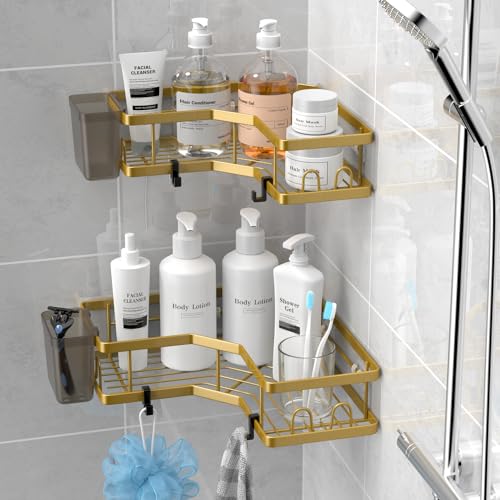 AKTECKE Corner Shower Caddy Organizer Shelf: 2Pack Adhesive Shower Rack, No Drilling Stainless Steel Shower Storage Shelves for Bathroom Kitchen (Gold) - color: gold, size: 9.6"×9.6"×2.6"