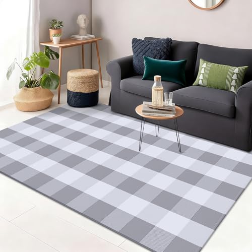 OLANLY Buffalo Plaid Rug 3' x 5' – Grey and White Cotton Checkered Doormat, Washable Indoor Outdoor Rug for Layered Front Porch, Kitchen, Entryway Decor - color: Grey White Buffalo Check, size: 3' X 5' (Rectangular)
