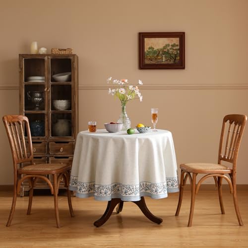 ISAENNE Designer Vintage Linen Elegant Round Tablecloth,Chinoiserie Floral Indoor Table Cloth,Wrinkle Resistant Decor Table Cover for Dining Thanksgiving Kitchen,Diameter 67"-Segerman B - color: Segerman B, size: 67" (Round)