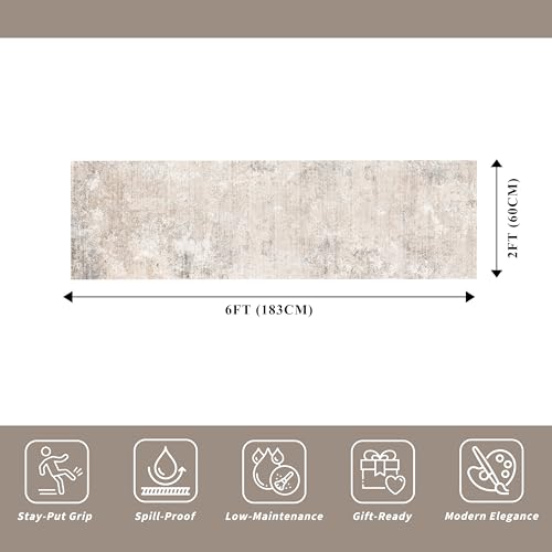 2x6ft Non-Slip Washable Kitchen Rug - Modern Carpet Runner for Hallway,Bedroom Bedside,Laundry Room,Entryway with Rubber Backing – Abstract Neutral Low-Pile Thin (Beige Grey,2x6) - color: Beige Grey, size: 2' x 6' (Rectangular)