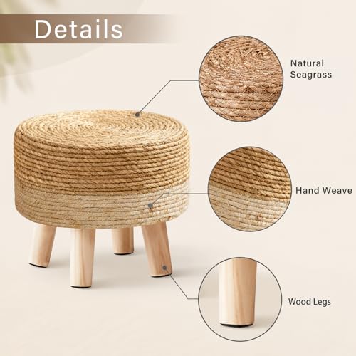 Wimarsbon Round Foot Stool Natural Seagrass Poufs Ottoman Hand Weave Footrest Stool for Couch Desk Extra Seat Step Stool with Solid Wood Legs for Hallway Patio Lounge White - color: White, size: 13"D x 13"W x 10.6"H