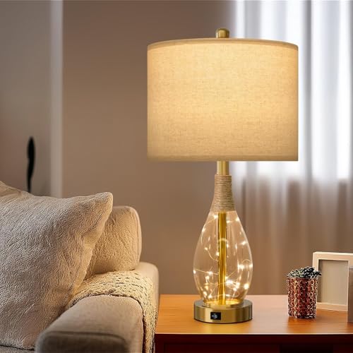 OYEARS 23" Table Lamps for Living Room Set of 2 Bedside Lamps for Night Stands Bedroom Lamps Farmhouse Rattan Boho Lamp Glass Nightlight End Table Lamp with USB C+A (Gold),Two Light Points - color: Light Gold