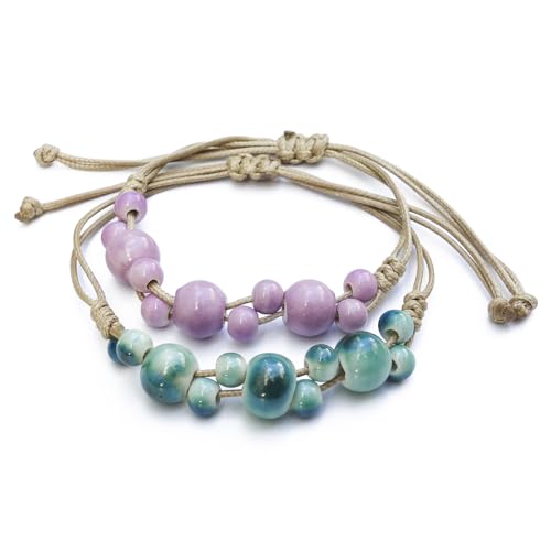 Handmade Green Boho Bracelets for Women, Bohemian Ceramic Beads Bracelets for Friends, Trendy Porcelain Stone Beaded Bracelets for Sisters - color: purple and green