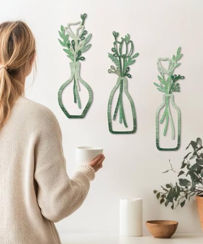 Putuo Decor 3 Pieces Wood Flowers Wall Decor, Rustic Farmhouse Neutral Wall Hanging, MDF Vase Panels Wall Sculptures, Minimalist Flower Wall Art for Living Room Bedroom Entryway, Green - color: Green