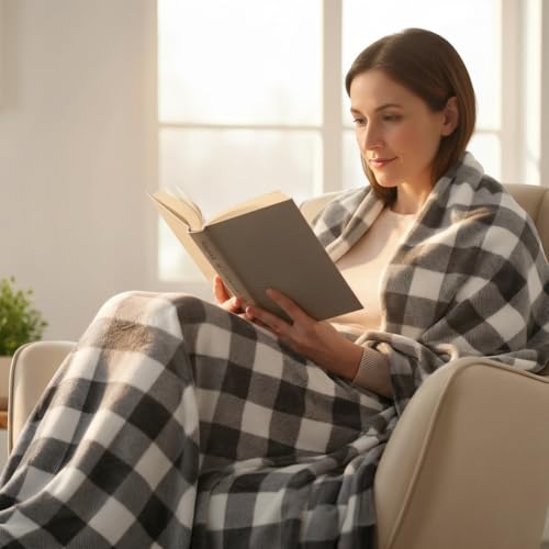 MACEVIA Flannel Fleece Throw Blanket for Couch, Buffalo Plaid Blanket Gray and White, Lightweight Cozy Soft Blanket for Bed Sofa 260GSM, Suitable for All Seasons (Gray White Checkered,60x50inches) - color: Grey White Checkered, size: Flannel Fleece (50x60