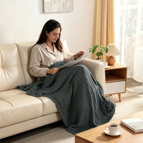 NTBAY 100% Pure Cotton Cable Knit Throw Blanket, Super Soft Warm 51x67 Knitted Throw Blanket for Couch, Sofa, Chair, Bed - Extra Cozy, Machine Washable, Comfortable Home Decor, Grey and White - color: Grey and White, size: Throw(51"x67")