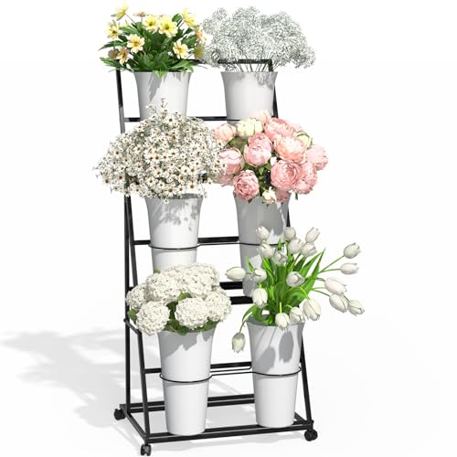 Black Tiered Flower Display Stand with 6 Buckets, Rolling 3-Tier Floral Cart for Florists, Markets & Events, Mobile Flower Presentation Rack for Shop, Patio or Wedding Setup