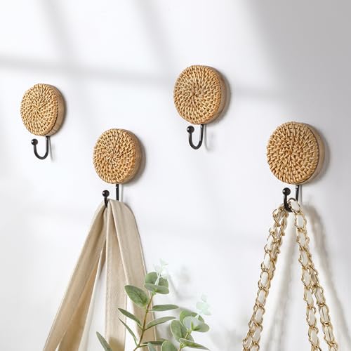 Colingmill 4 Pcs Boho Rattan Wall Towel Hooks Decorative Woven Hanging Holder Farmhouse Coat Rack Hooks Wood Coat Rack Wall Mount Vintage Decorative Hook for Hanging Coats(Round) - style: Round