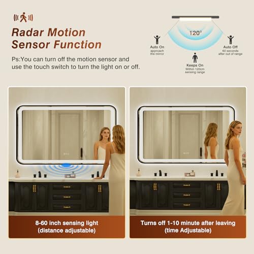 32x55 Inch Black Framed LED Bathroom Mirror with Lights,Smart Bathroom Mirror,Motion Sensor,Tempered Glass,Anti-Fog,Stepless Dimmable & 3 Colors,Memory,Vanity Mirror for Wall - color: Black-with Sensor Lights, size: 32"L x 55"W