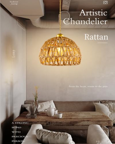 Rattan Pendant Light Fixtures, 9.8” Boho Woven Basket Pendant Light, Handmade Wicker Hanging Lamp, Rustic Wicker Chandelier for Kitchen Island, Dining Room, Living Room, Bedroom, E26 Base - color: 9.84″-Round
