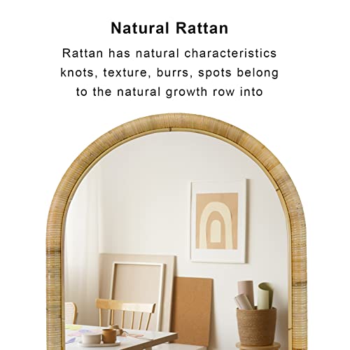 Arched Full Length Mirror, 63''x20'' Floor Mirror, Rattan Frame Full Body Mirror for Home Bedroom Checkroom Livingroom Boho Decor (Natural Rattan)