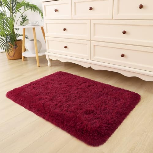 DETUM Small Rug 2x3 Fluffy Rugs for Bedroom Kicthen Entryway Hallyway Washable Non Slip Burgundy Rug, Plush Fuzzy Throw Rugs for Kids Girls Room Decor - color: Burgundy, size: 2 x 3 feet