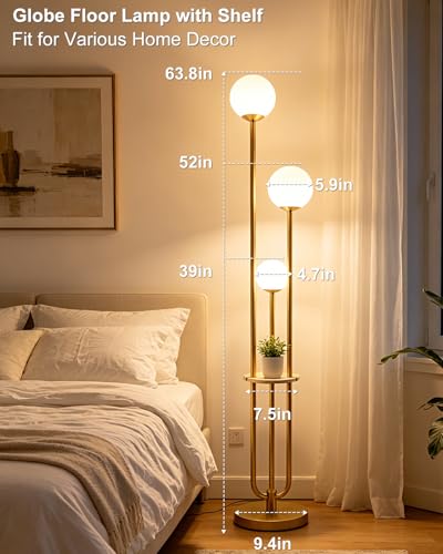 63IN Dimmable Floor Lamp with Shelf, Unique Globe Gold Tall Standing Lamps, 3000K Warmwhite Mid Century Modern Floor Lamp with 5Lbs Heavy Base for Living Room Home Office(Bulbs Included) - color: 3 Globe-Gold Shelf