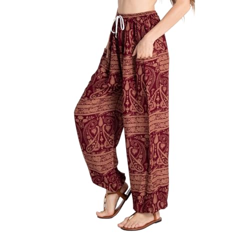 Tranquil Threads Women's Harem Pants with Pockets and Drawstring, Hippie Boho Yoga Clothes - color: Maroon Whisper, size: X-Small