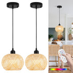 Boho Pendant Light Battery Operated,Rechargeable Woven Pendant Light with Remote,Rattan Pendant Light Fixtures for Kitchen Island,Wicker Hanging Lights for Dining Room Bedroom Hallway Entryway. - size: 7.87 in