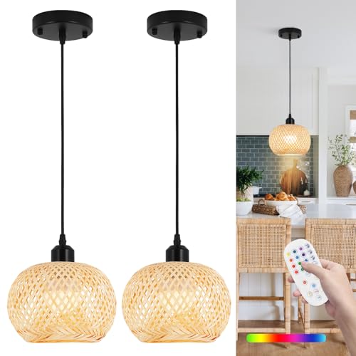 Boho Pendant Light Battery Operated,Rechargeable Woven Pendant Light with Remote,Rattan Pendant Light Fixtures for Kitchen Island,Wicker Hanging Lights for Dining Room Bedroom Hallway Entryway. - size: 7.87 in