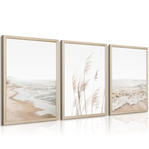 Beach Wall Art Boho Prints Coastal Canvas Wall Art Beach Pictures Pampas Grass Ocean Poster Plant Landscape Beach Scene Artwork for Living Room Bedroom Decor 12x16x3 Inch Wood Framed - color: Beach Art Prints, size: 12x16 Inch Wood Framed