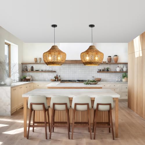 2-Light Rattan Pendant Light,15" Boho Basket Light Fixtures, Rattan Chandelier Hand-Woven Wicker Wicker Light fixtures Hanging for Dining Living Bedroom Kitchen Farmhouse - color: Brown rattan, size: 2-light 15in