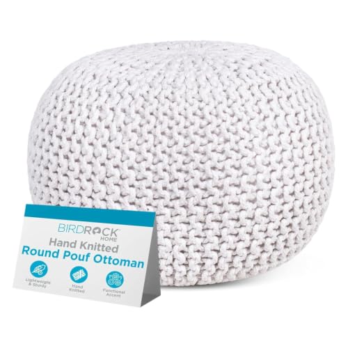 BIRDROCK HOME Round Pouf Ottoman Foot Rest - 18.5”x18.5”x15” Boho Compact Comfortable Soft Cotton Braided Foot Stool with Bean Bag Filling for Living Room, Bedroom, or Nursery (Ivory) - color: Cream