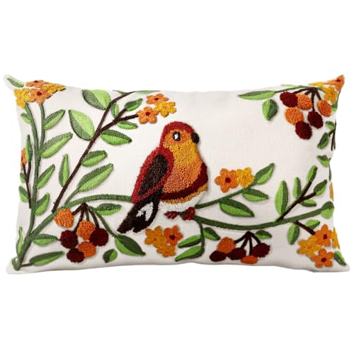 Embroidered Lumbar Pillow Cover - 20x12 Decorative Pillow Cover with Zipper Aesthetic Cute Design Boho Spring Summer Throw Pillowcase for Living Room Couch Sofa Bed, Tree Bird - color: Tree Bird, size: 20" x 12" (Pack of 1)
