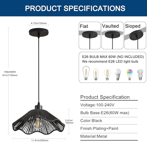 3 Pack Black Woven Pendant Light Fixtures,11.81" Rattan Pendant Lights Farmhouse Basket Light Fixture Adjustable Boho Hanging Lamp for Kitchen Island Bedroom Dining Room Foyer Hallway - color: flower+black