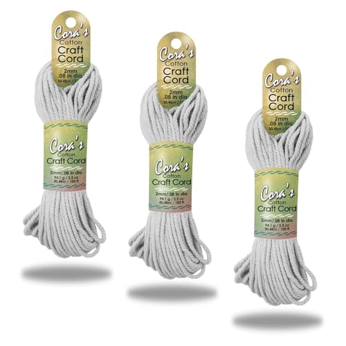 Cora's Cotton Macrame Cord | 2mm x 100ft 3-Pack | Braided Cotton Cord for Macrame | Macrame, DIY Crafts, Plant Hangers, Wall Hanging, Crochet | Durable, Long Lasting, Vibrant (White) - color: White